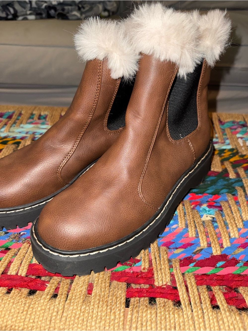 Portland Leather Brown Chelsea Boots with Cream Faux Fur Cuff